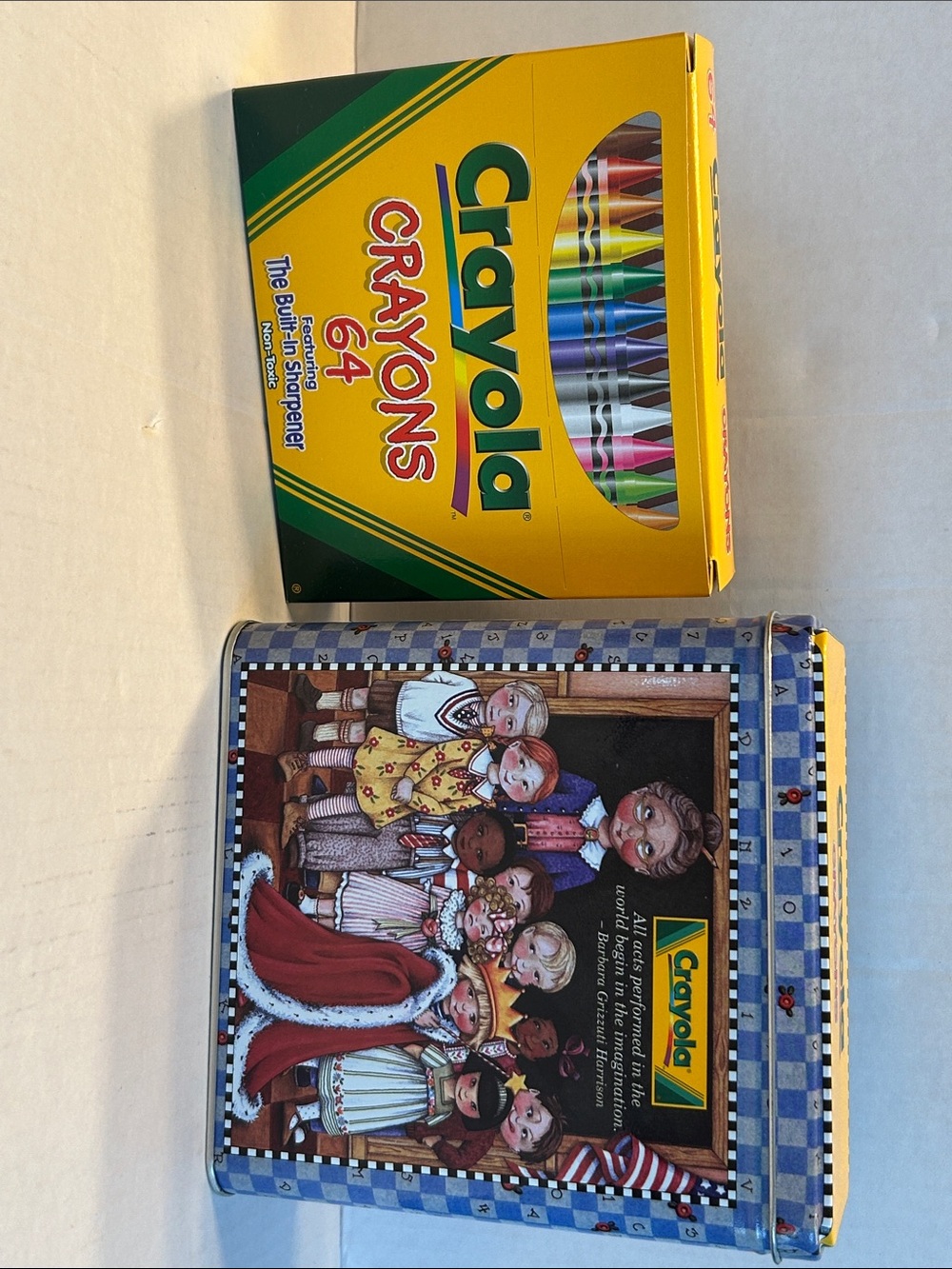 Vintage Crayola Mary Engelbreit Decorative Tin with 64 pack Crayons w/sharpener